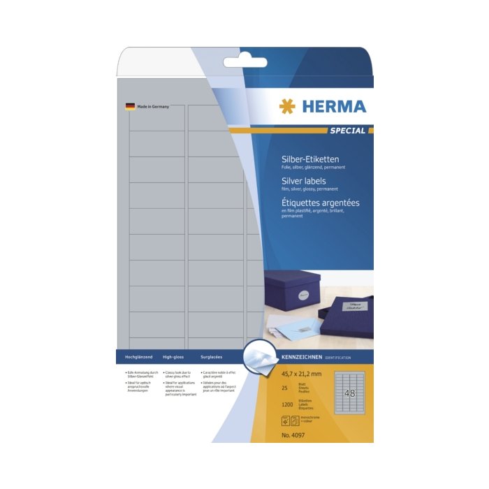 Etiketten a4 zilver 45,7x21,2 mm folie glanzend 1200 st.
