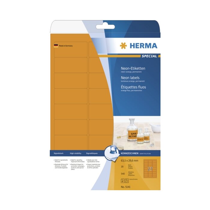 Etiketten a4 neon oranje 63,5x29,6 mm papier mat 540 st.
