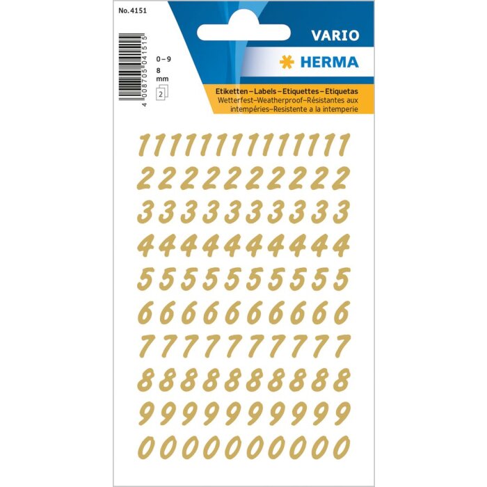 herma nummers stickers 0-9 gouden folie, 2 vellen.