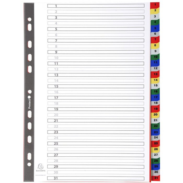 Registers van pp gekleurd met gedrukte nummers 31-delig