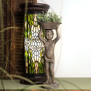 LumiLamp 5LL-5539 Tiffany Zuil Ø 31x78 cm Groen Wit Glas Bloemen Rond