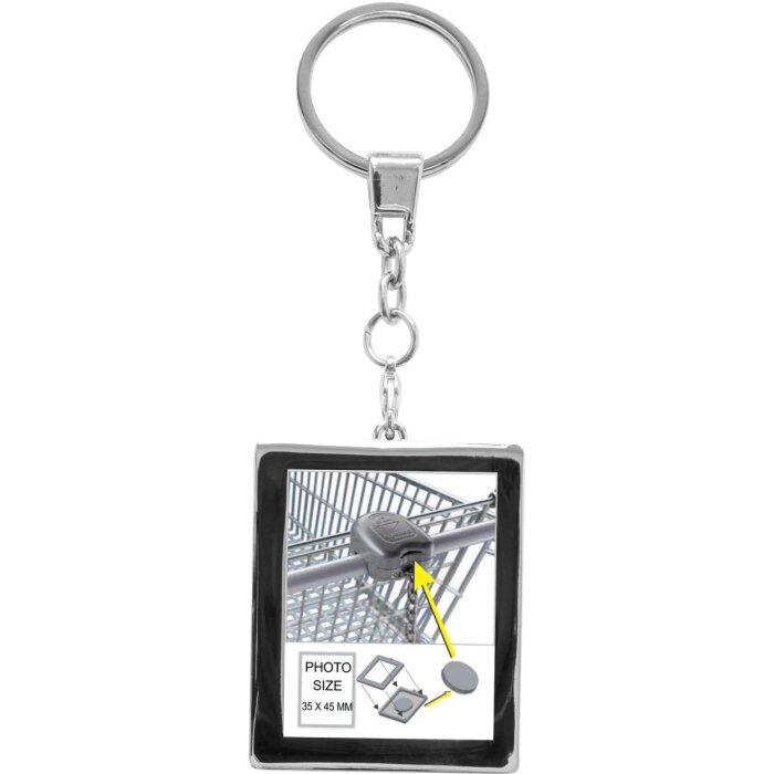 Foto sleutelhanger met muntje voor winkelwagen zilver metaal 3,5 x4,5 cm s59nc