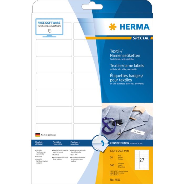 Herma speciale naametiketten, verwijderbaar, a4, 63,5 x 29,6 mm, wit, gemaakt van acetaatzijde, bedrukbaar