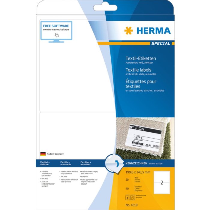 Herma speciale naametiketten, verwijderbaar, a4, 199,6 x 143,5 mm, wit, gemaakt van acetaatzijde, bedrukbaar