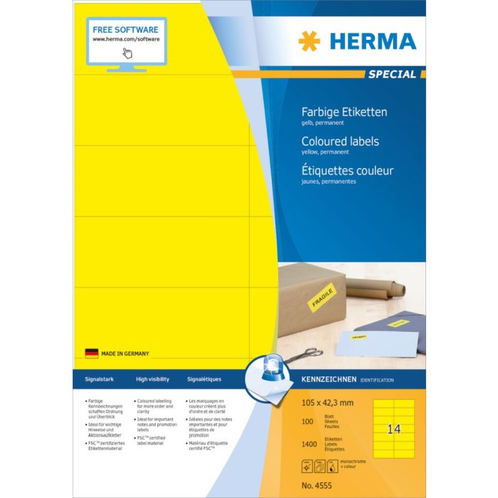 Herma speciale gekleurde etiketten a4, 105 x 42,3 mm, geel, permanente kleefstof