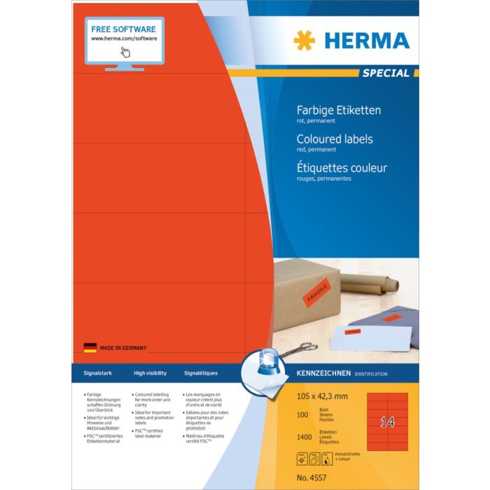 Herma speciale gekleurde etiketten a4, 105 x 42,3 mm, rood, permanente kleefstof