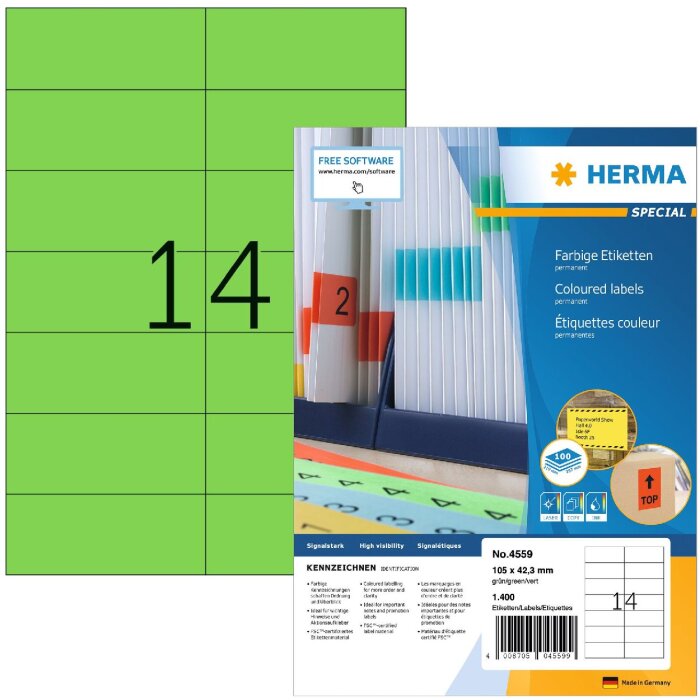 Herma speciale gekleurde etiketten a4, 105 x 42,3 mm, groen, permanente kleefstof