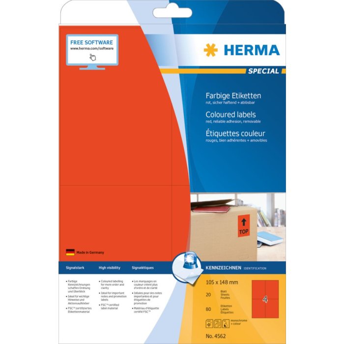 Herma speciale gekleurde etiketten a4, 105 x 148 mm, rood, verwijderbaar