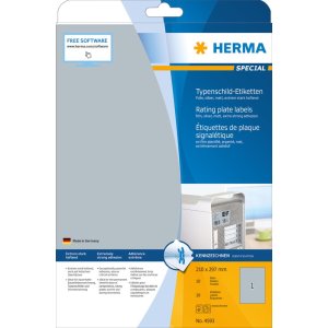 Herma speciale typeplaatjes etiketten, zilver, a4, 210 x 297 mm, extreem sterke kleefkracht, weerbestendig, scheurvast