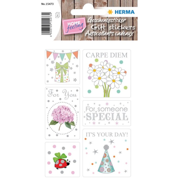 Herma home Sticker home Cadeau Sticker Veel geluk, zilver embossing