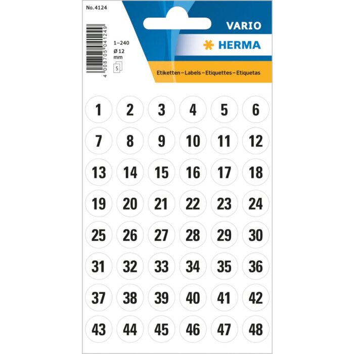 Cijfers 12 mm 1-240 Papier wit zwart 5 vellen