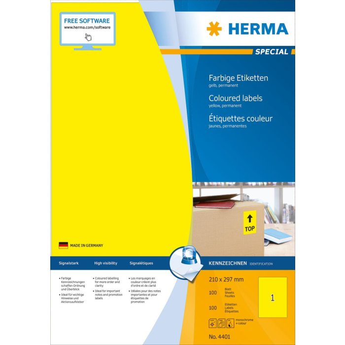 Etiketten a4 geel 210x297 mm papier mat 100 st.