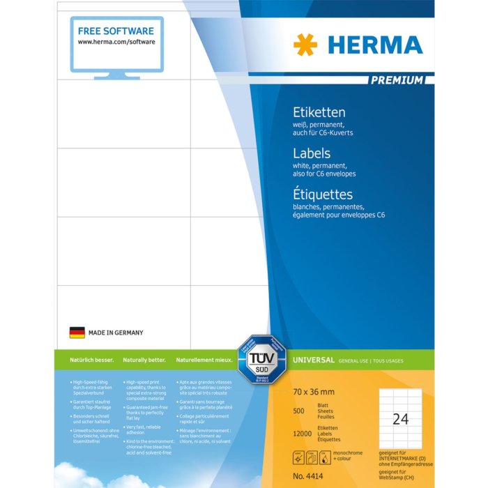 Etiketten Premium a4, wit 70x36 mm papier mat 12000 st.