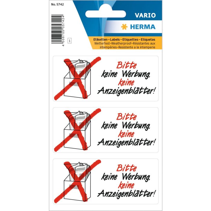 Informatie-etiketten Geen reclame Ad-blad weerbestendig 1bl.