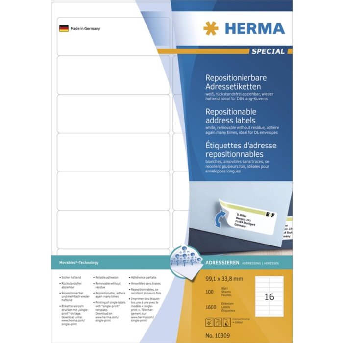 Adresetiketten a4 wit 99,1x33,8 mm herpositioneerbaar papier mat 1600 st.