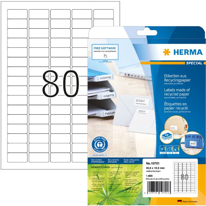 HERMA 10701 Etiketten gerecycled papier A4 35,6x16,9mm wit permanent