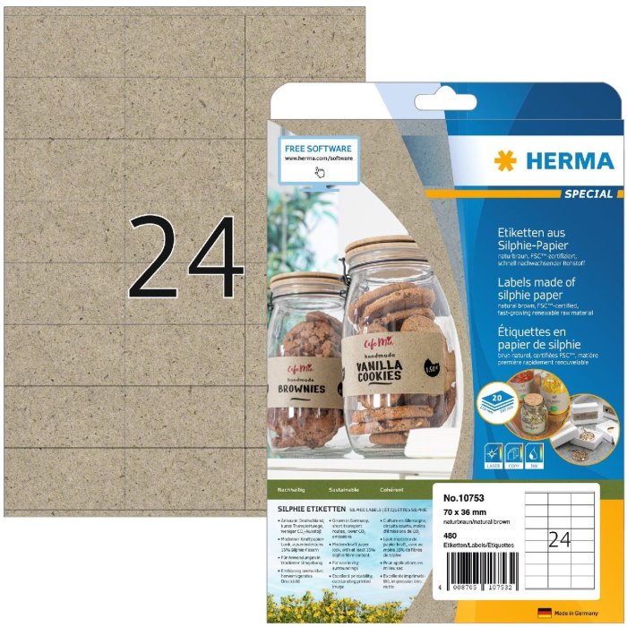 HERMA 10753 Etiketten Silphie papier 70x36mm natuurlijk bruin permanent 480 stuks