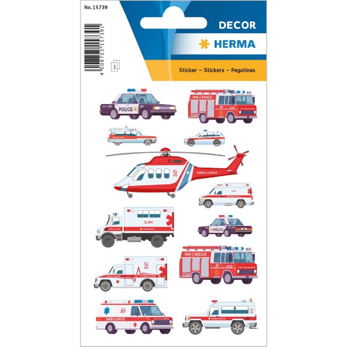 HERMA 15739 Stickers blauw licht voertuigen set van 12 kinderen