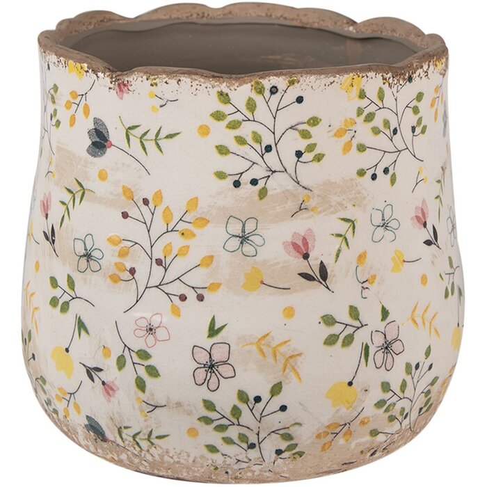 Clayre & Eef 6CE1610M Bloempot Beige Geel Ø 18x16 cm Keramiek Landelijke Stijl