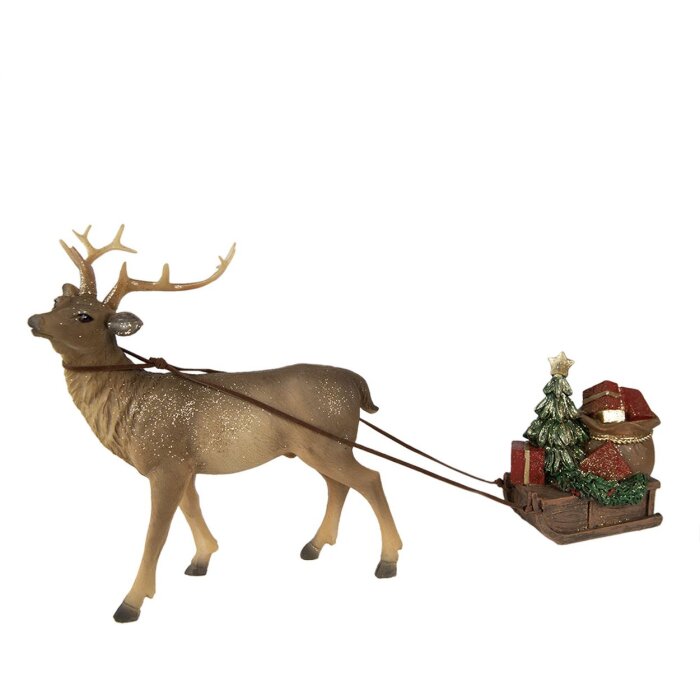 Clayre & Eef 6PR3909 Decoratief rendier met slee Bruin, Rood 30x9x20 cm