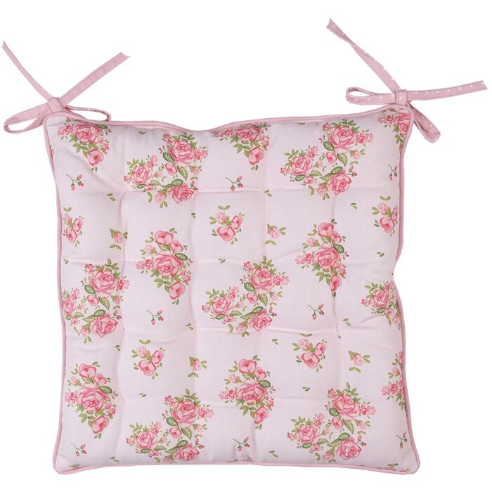 Clayre & Eef stoelkussen rozenprint roze 40x40x4 cm katoen met lintbanden