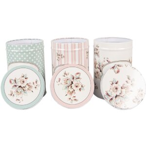Clayre & Eef 6BL0111 Voorraadpotten set, 3 st, Ø 8x12 cm, wit, gebloemd
