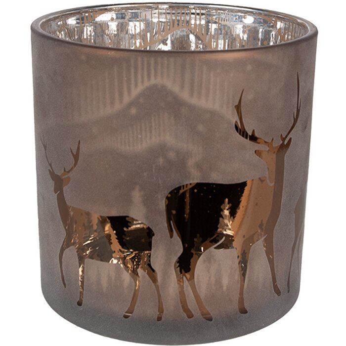 Clayre Eef theelichthouder hert motief bruin glas Ø 15x15 cm landelijke stijl