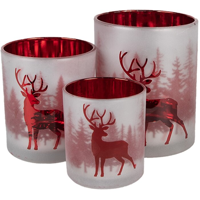 Clayre & Eef 6GL4665 Theelichthouder Set van 3 Wit Rood Ø7x8 Ø9x10 Ø10x12 cm