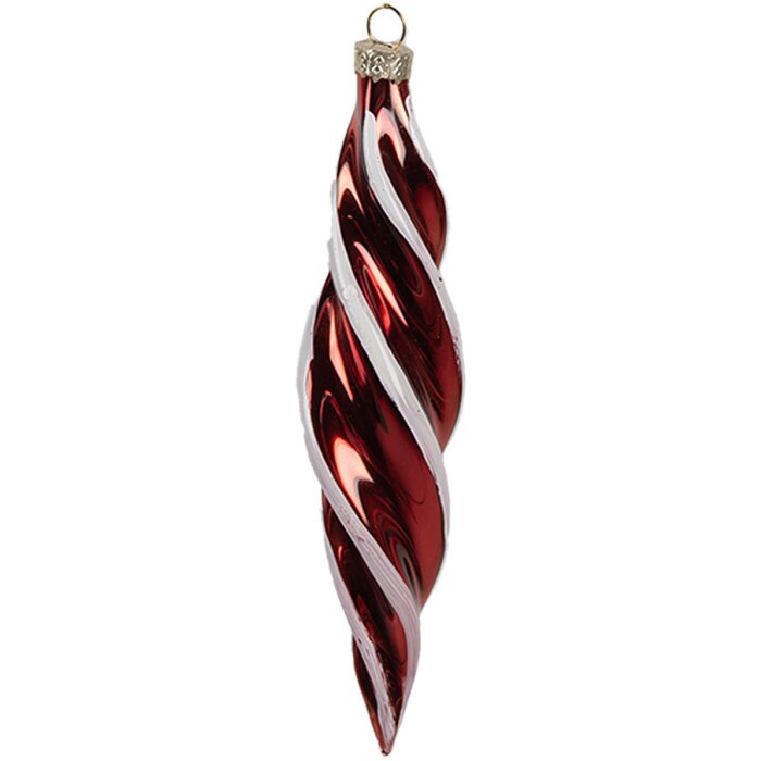 Clayre & Eef kerstbal 4x17 cm rood wit glazen gedraaide vorm