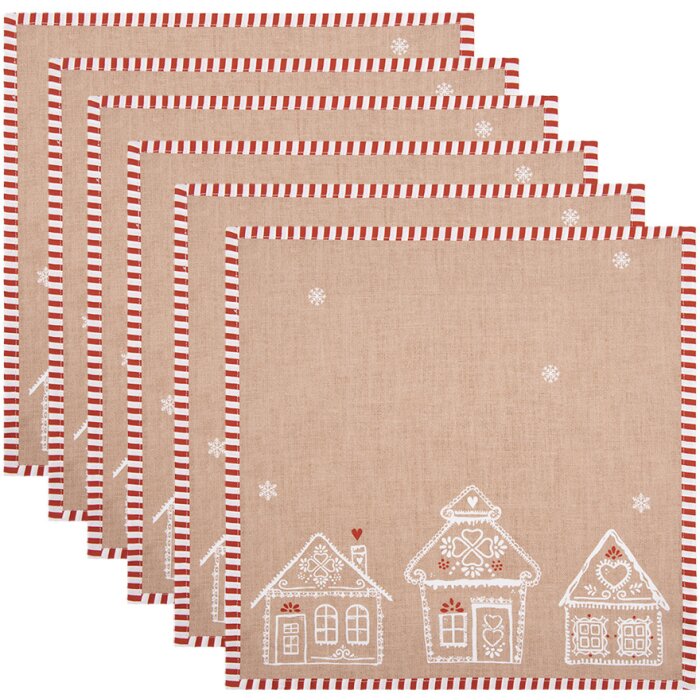 Clayre Eef servetten set van 6 peperkoekhuisjes 40x40 cm katoen landelijke stijl