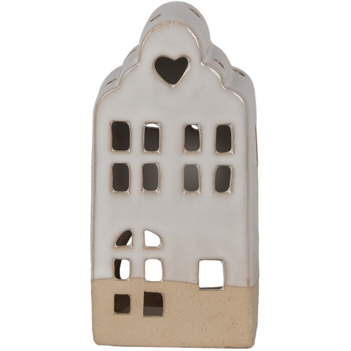Clayre & Eef Theelichthouder Huis Beige Keramiek 7x6x14 cm Landelijke Stijl