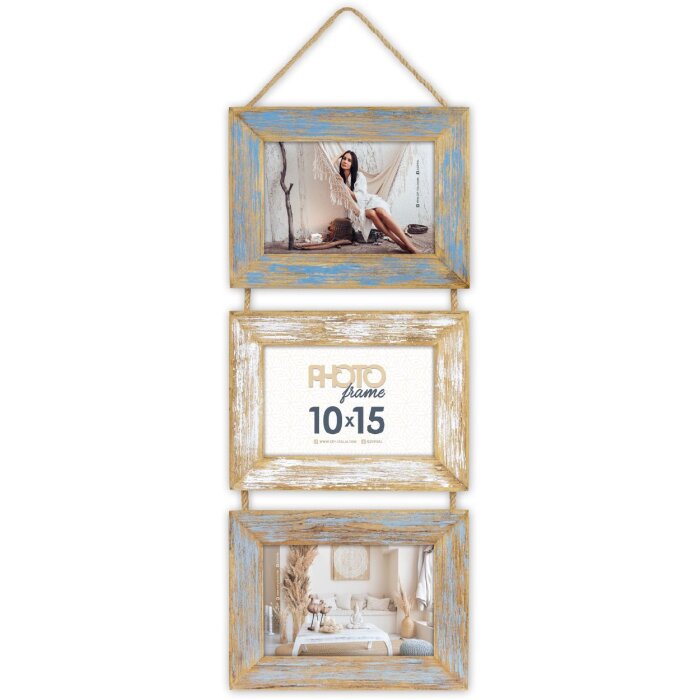 ZEP Houten fotolijst Voiron 3 fotos 10x15 cm Blauw Wit Vintage 49x26 cm Wand