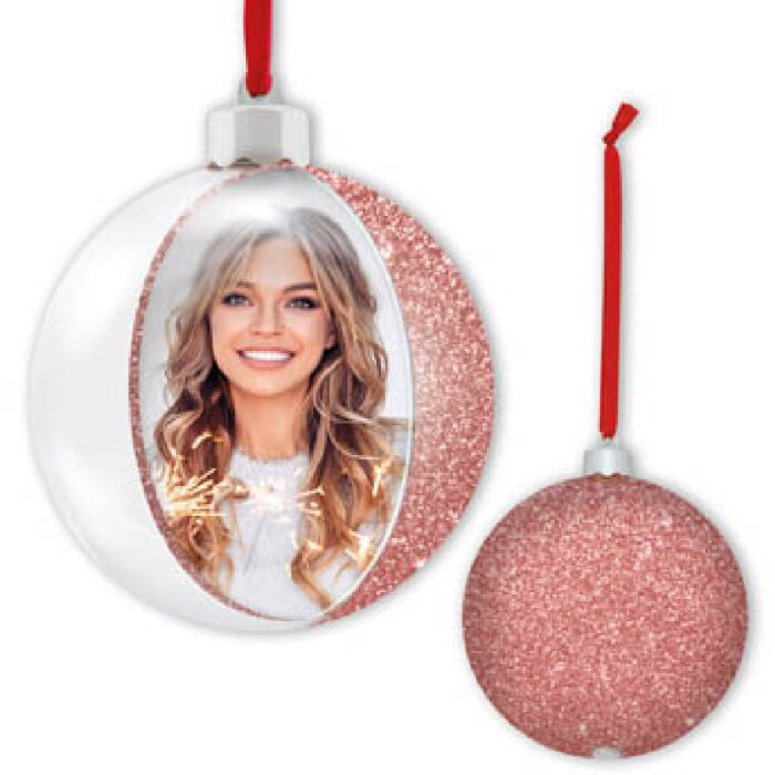 ZEP kerstbal met foto 10x10 cm roze om op te hangen