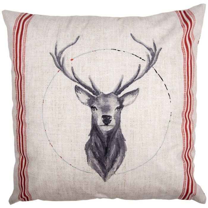 Clayre & Eef NWV24-1 Kussenhoes 45x45 cm Beige Rood Landhuis Hert Motief