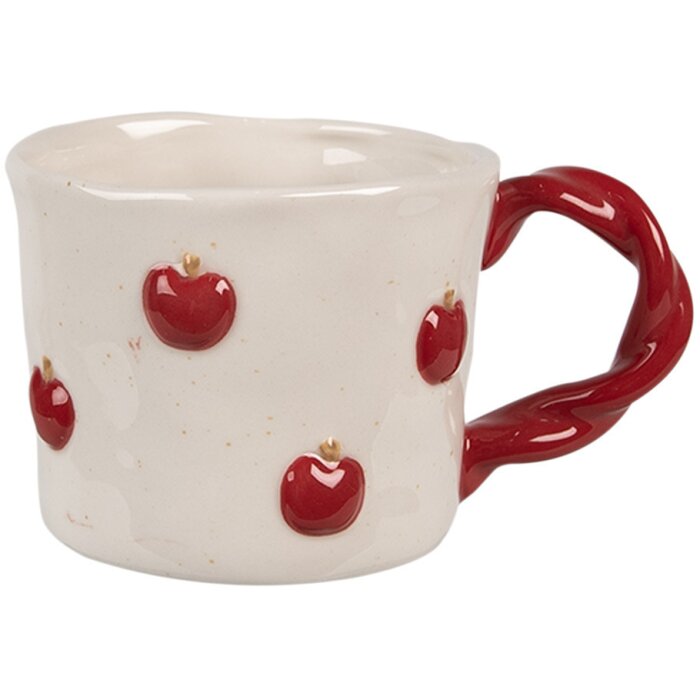 Clayre & Eef 6CEMU0150 Mok keramiek 200 ml beige rood appelmotief retro design