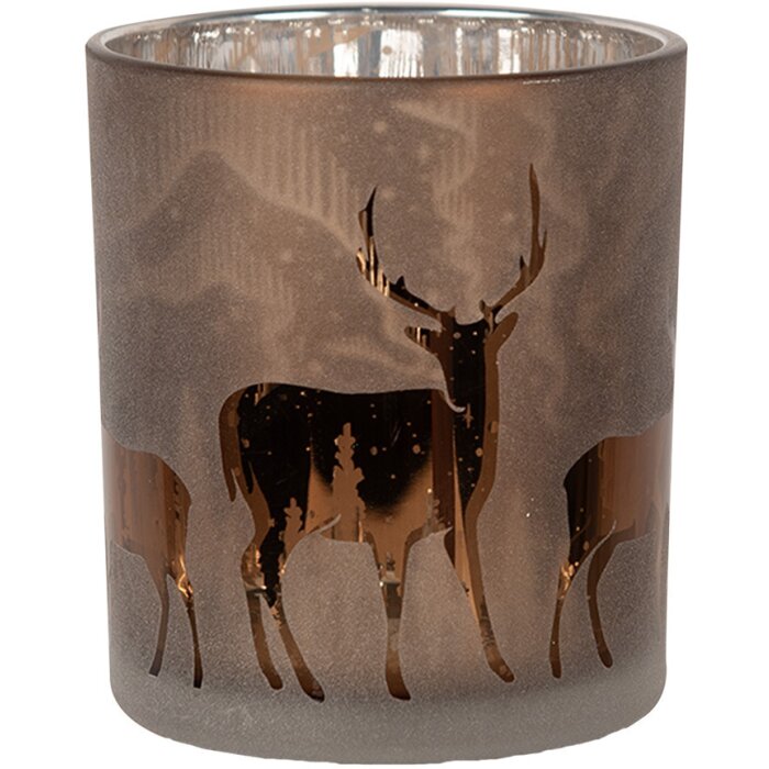 Clayre & Eef 6GL4660 Theelichthouder hertenmotief bruin Ø 7x8 cm glas