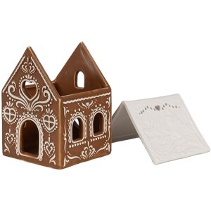 Clayre & Eef 6CE1742 Theelichthouder Huis Bruin Wit 7x8x9 cm Porselein