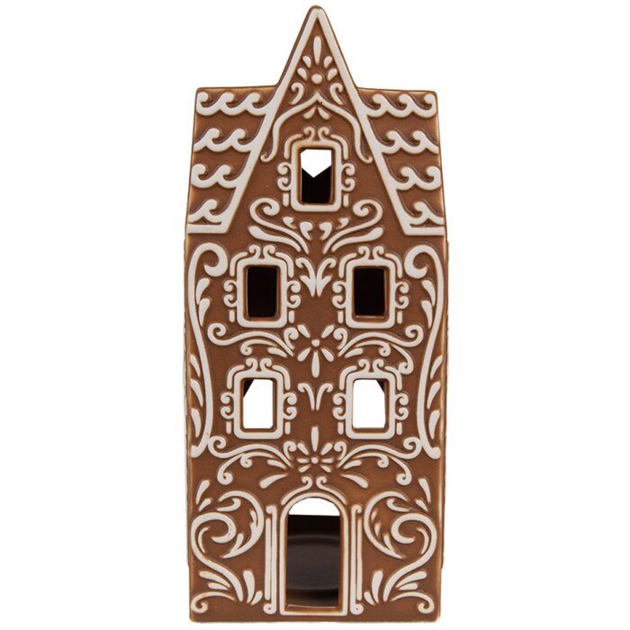 Clayre & Eef 6CE1746 Theelichthouder Huis Porselein Bruin Wit 7x7x17 cm