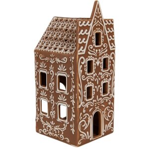 Clayre & Eef 6CE1746 Theelichthouder Huis Porselein Bruin Wit 7x7x17 cm