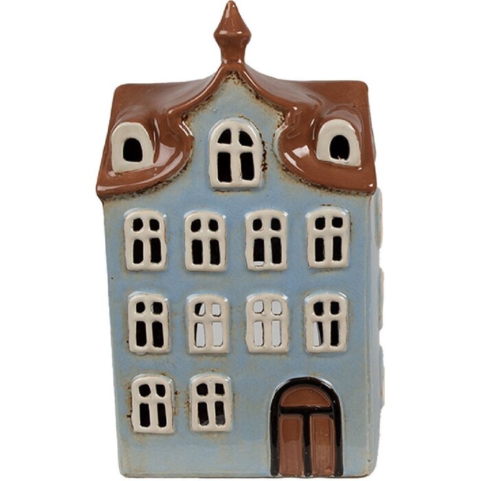 Clayre & Eef 6CE1882 Theelichthouder Huis Landelijke Stijl Blauw Bruin 13x9x22 cm