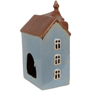 Clayre & Eef 6CE1882 Theelichthouder Huis Landelijke Stijl Blauw Bruin 13x9x22 cm