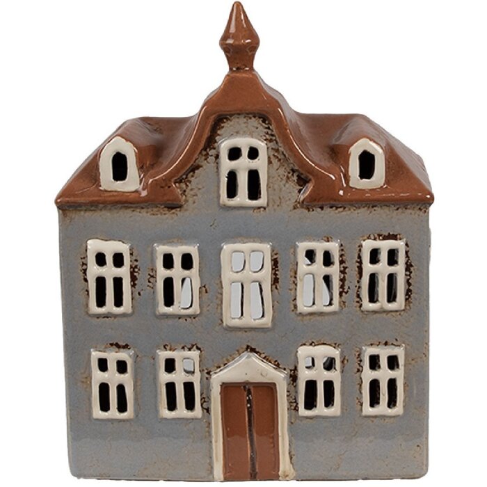 Clayre & Eef 6CE1883 Theelichthouder Huis Keramiek Grijsbruin 16x9x20 cm