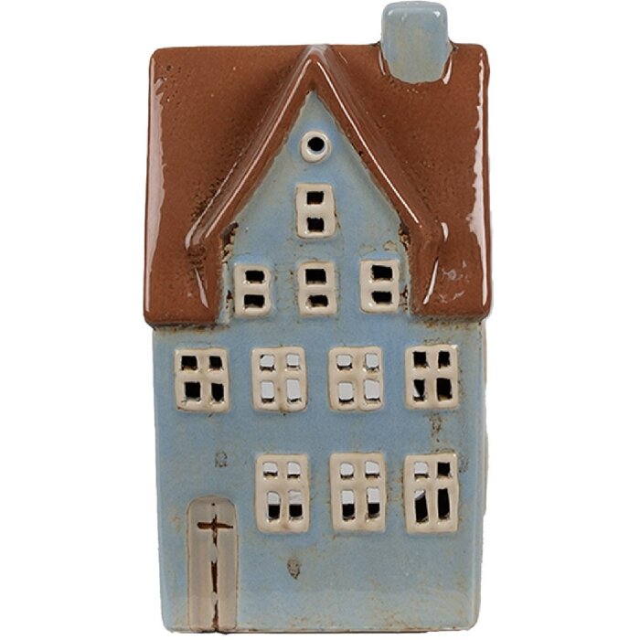 Clayre & Eef 6CE1884 Theelichthouder Huis Keramiek Blauw Bruin 11x8x20 cm