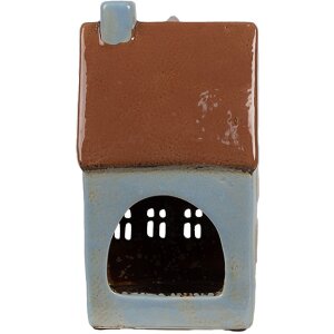 Clayre & Eef 6CE1884 Theelichthouder Huis Keramiek Blauw Bruin 11x8x20 cm
