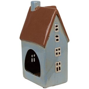Clayre & Eef 6CE1884 Theelichthouder Huis Keramiek Blauw Bruin 11x8x20 cm