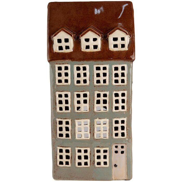 Clayre & Eef 6CE1886 Theelichthouder Huis Keramiek Grijsbruin 15x11x30 cm