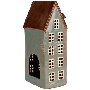 Clayre & Eef 6CE1886 Theelichthouder Huis Keramiek Grijsbruin 15x11x30 cm