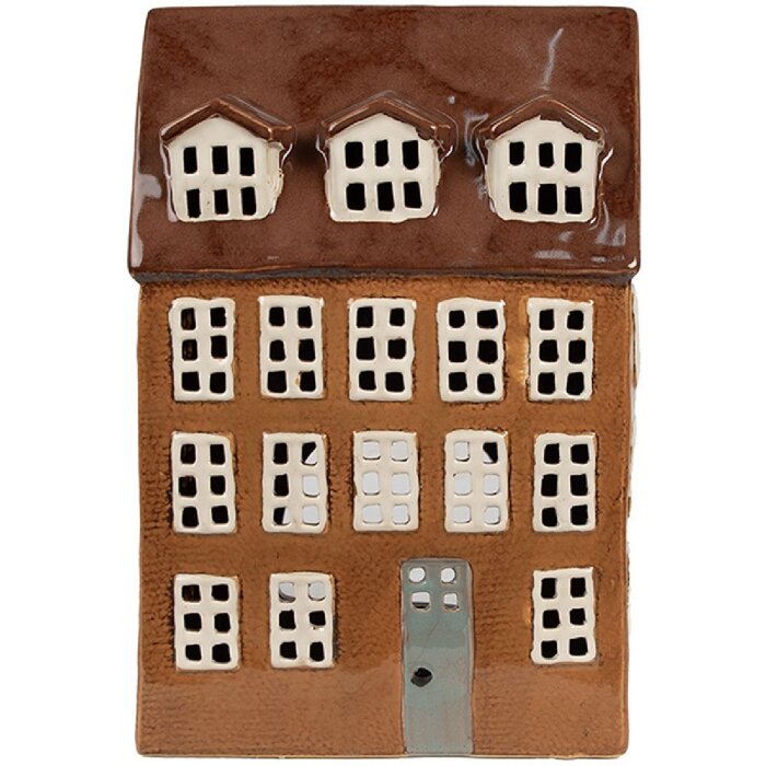 Clayre & Eef 6CE1887 Theelichthouder Huis Keramiek Bruin 17x11x24 cm Landelijke stijl