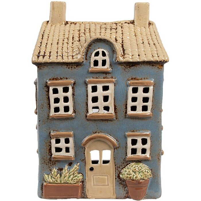 Clayre & Eef 6CE1894 Theelichthouder Huis Blauw Beige 16x10x23 cm Keramiek