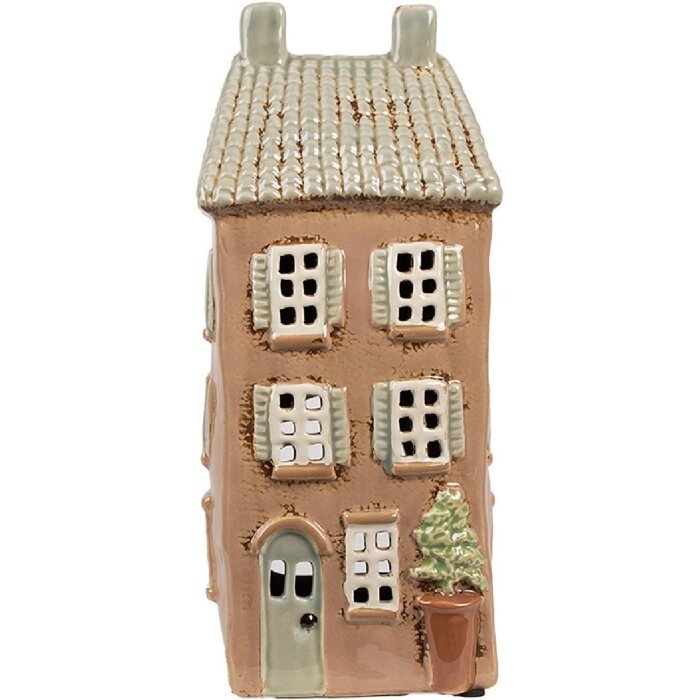 Clayre & Eef 6CE1895 Theelichthouder Huis Keramiek Bruin Beige 12x9x28 cm